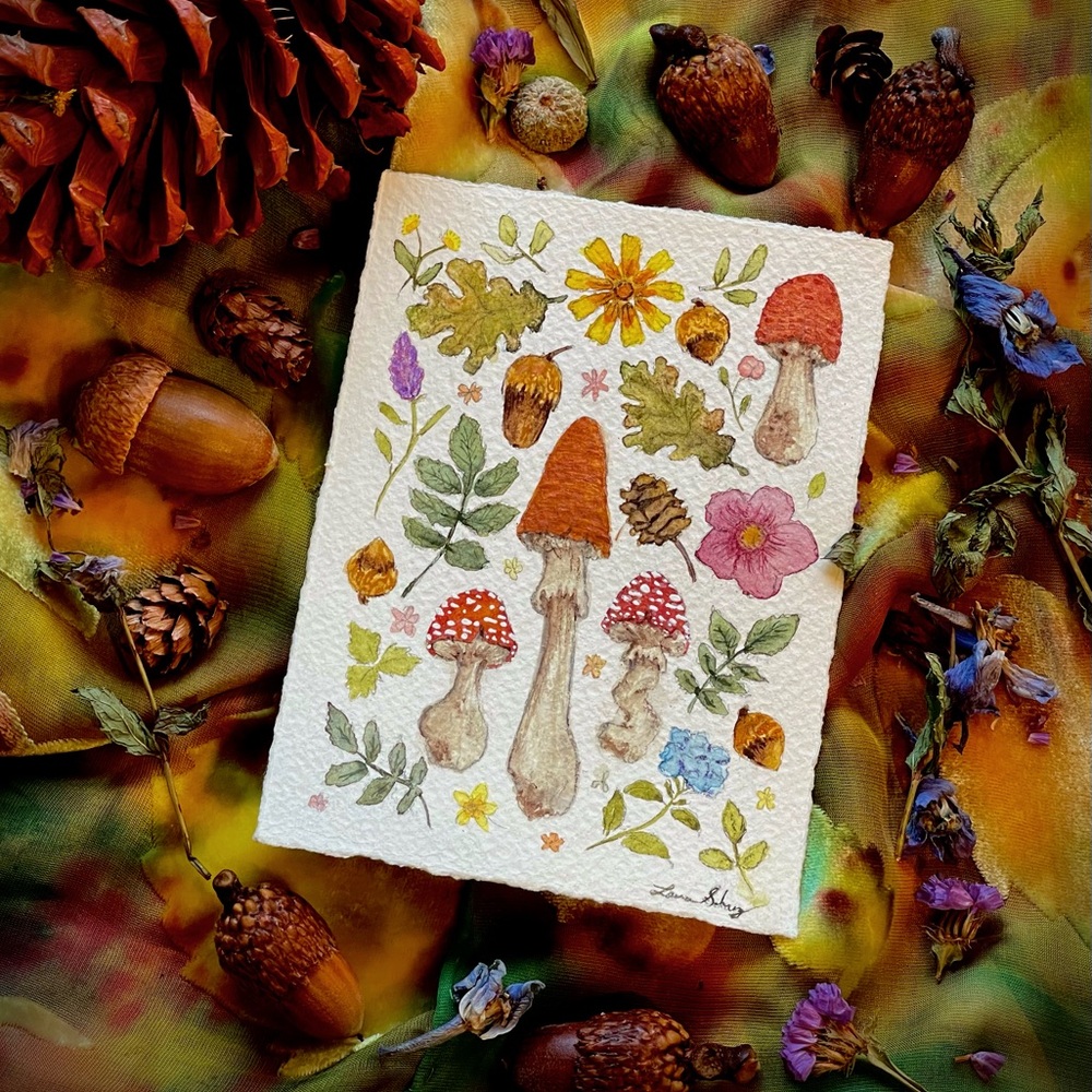 Original art Woodland watercolor gouache mushrooms leaves flowers acorns forest